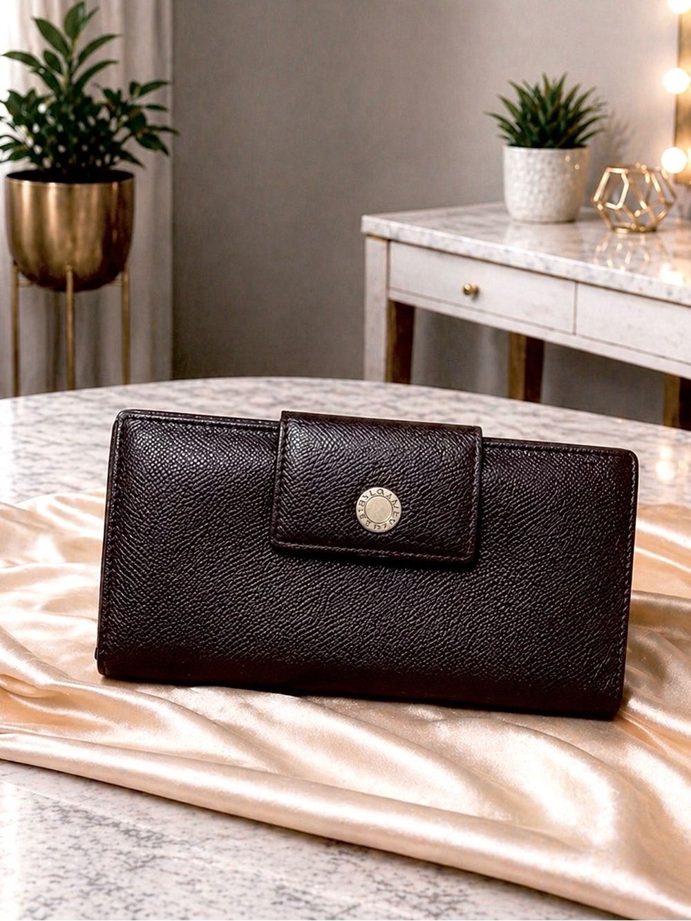 BVLGARI Brown Leather Bifold Long Wallet Purse
